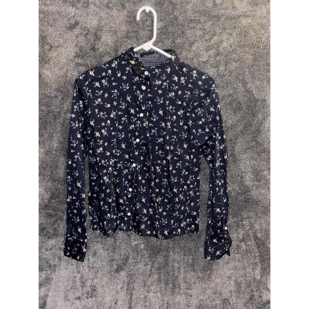 Vtg Chaps Floral Button-Down‎ Shirt Sz M Navy Blue No-Iron